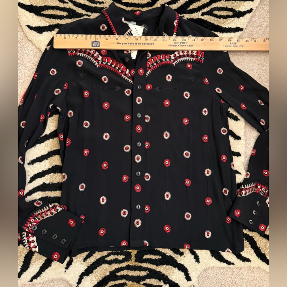 RRL Ralph Lauren Western Embroidered Georgette Blouse Black Red 2 - Picture 7 of 12